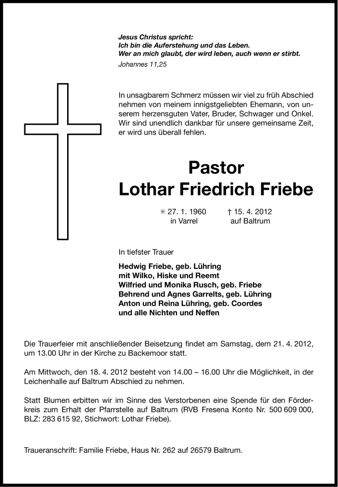  Traueranzeige für Lothar Friebe vom 17.04.2012 aus Ostfriesischer Kurier