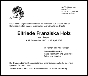 Traueranzeige von Elfriede Franziska Holtz von Ostfriesischer Kurier