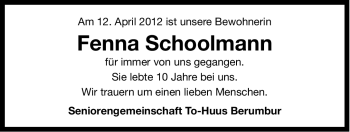 Traueranzeige von Fenna Schoolmann von Ostfriesischer Kurier