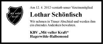 Traueranzeige von Lothar Schönfisch von Ostfriesischer Kurier