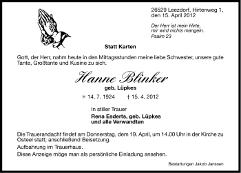 Traueranzeige von Hanne Blinker von Ostfriesischer Kurier