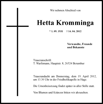 Traueranzeige von Hetta Kromminga von Ostfriesischer Kurier