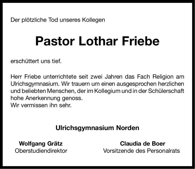  Traueranzeige für Lothar Friebe vom 17.04.2012 aus Ostfriesischer Kurier