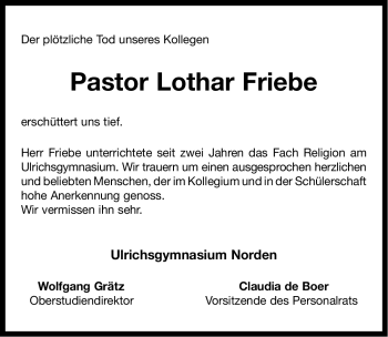 Traueranzeige von Lothar Friebe von Ostfriesischer Kurier