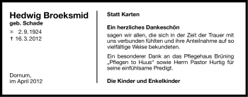Traueranzeige von Hedwig Broeksmid von Ostfriesischer Kurier