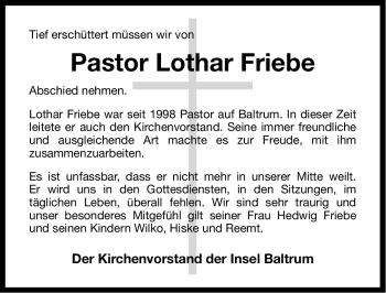 Traueranzeige von Lothar Friebe von Ostfriesischer Kurier