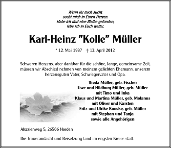 Traueranzeige von Karl-Heinz Müller von Ostfriesischer Kurier