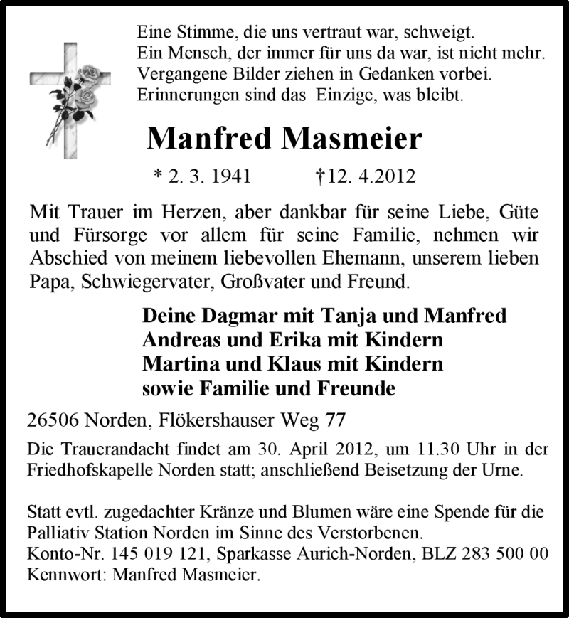  Traueranzeige für Manfred Masmeier vom 18.04.2012 aus Ostfriesischer Kurier