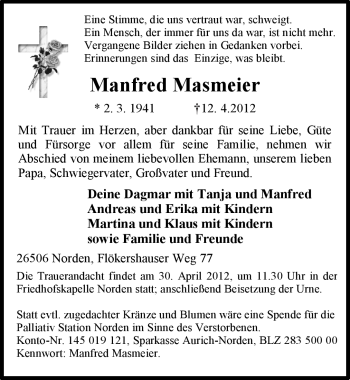 Traueranzeige von Manfred Masmeier von Ostfriesischer Kurier