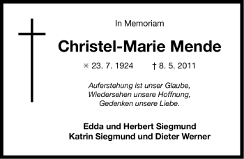 Traueranzeige von Christel-Marie Mende von Ostfriesischer Kurier
