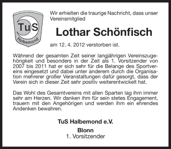 Traueranzeige von Lothar Schönfisch von Ostfriesischer Kurier