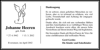 Traueranzeige von Johanne Heeren von Ostfriesischer Kurier