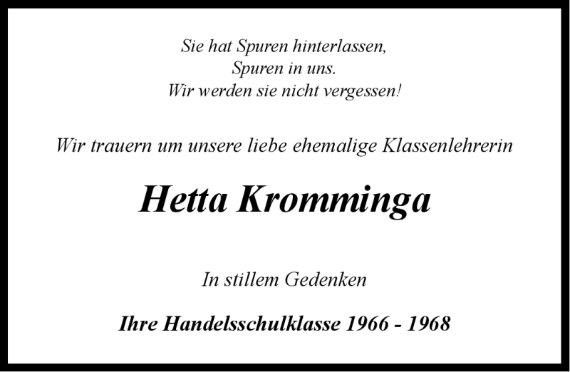  Traueranzeige für Hetta Kromminga vom 19.04.2012 aus Ostfriesischer Kurier