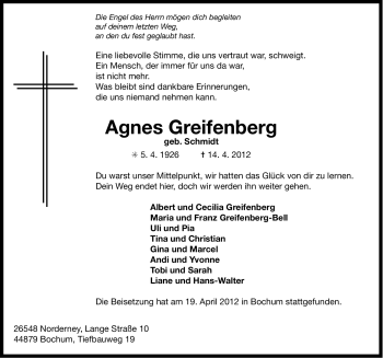 Traueranzeige von Agnes Greifenberg von Ostfriesischer Kurier