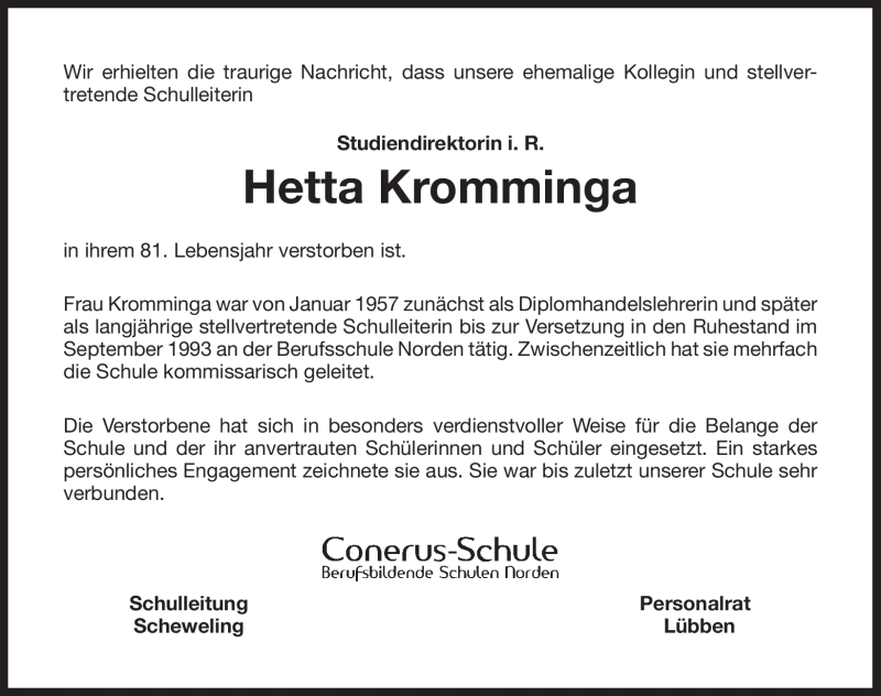  Traueranzeige für Hetta Kromminga vom 18.04.2012 aus Ostfriesischer Kurier
