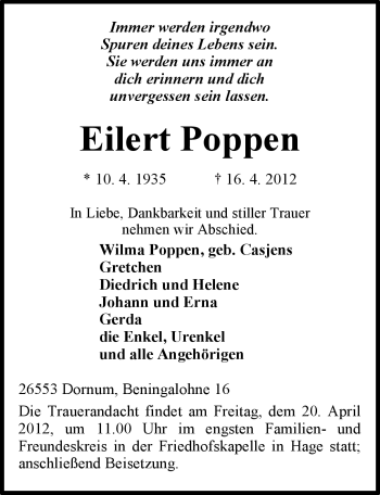 Traueranzeige von Eilert Poppen von Ostfriesischer Kurier