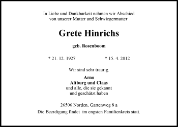 Traueranzeige von Grete Hinrichs von Ostfriesischer Kurier