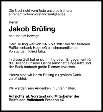 Traueranzeige von Jakob Diedrich Brüling von Ostfriesischer Kurier