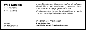 Traueranzeige von Willi Daniels von Ostfriesischer Kurier