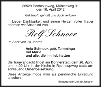 Traueranzeige von Rolf Schnoor von Ostfriesischer Kurier