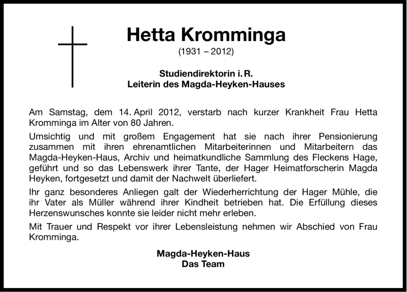  Traueranzeige für Hetta Kromminga vom 19.04.2012 aus Ostfriesischer Kurier