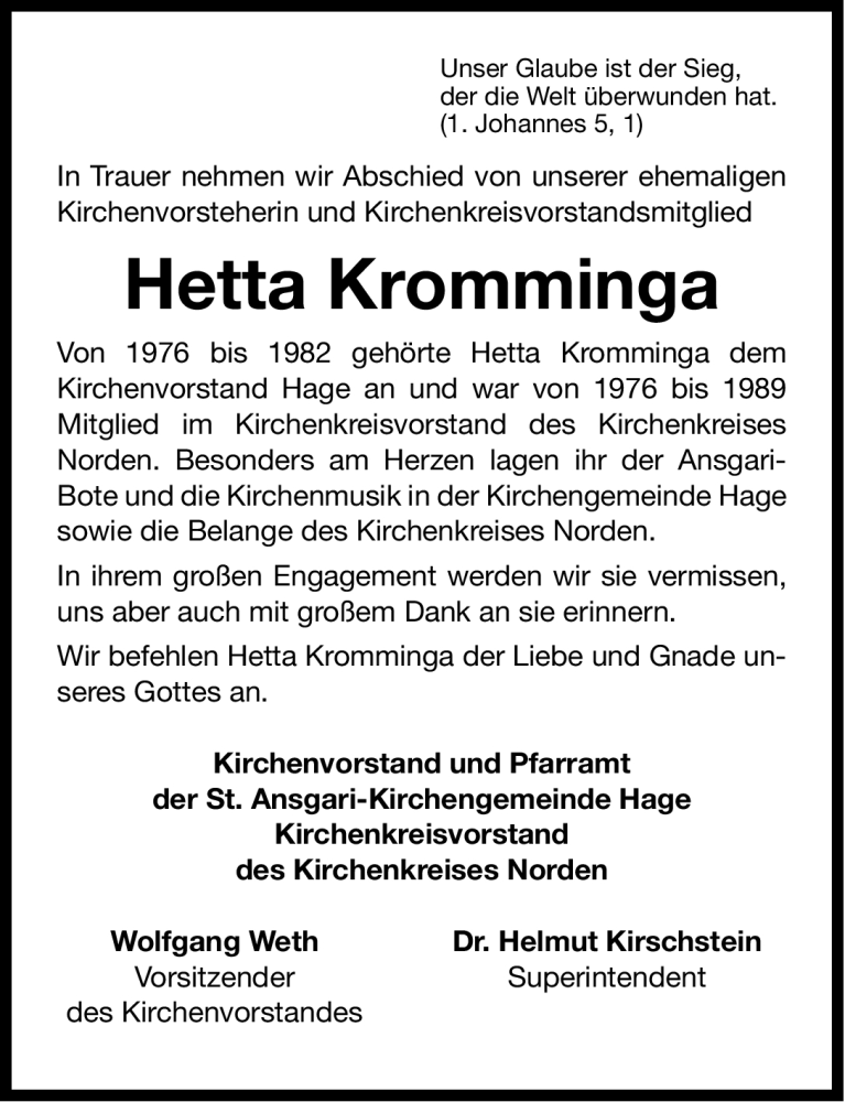  Traueranzeige für Hetta Kromminga vom 19.04.2012 aus Ostfriesischer Kurier