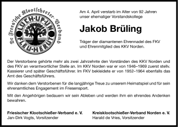 Traueranzeige von Jakob Diedrich Brüling von Ostfriesischer Kurier