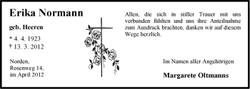 Traueranzeige von Erika Normann von Ostfriesischer Kurier