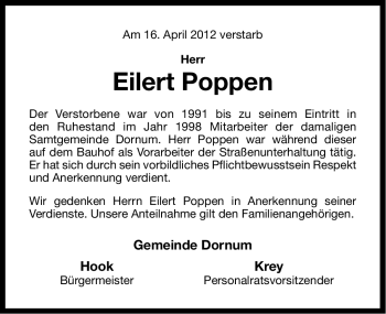 Traueranzeige von Eilert Popllen von Ostfriesischer Kurier