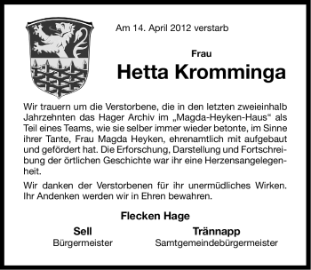 Traueranzeige von Hetta Kromminga von Ostfriesischer Kurier