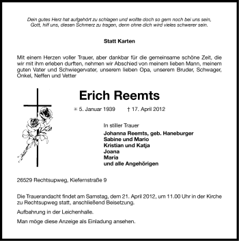 Traueranzeige von Erich Reemts von Ostfriesischer Kurier