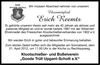 Traueranzeige von Erich Reemts von Ostfriesischer Kurier