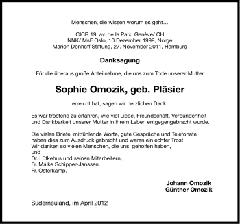 Traueranzeige von Sophie Omozik von Ostfriesischer Kurier
