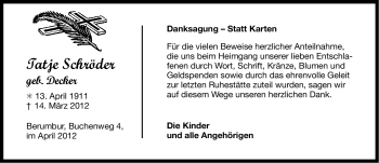 Traueranzeige von Tatje Schröder von Ostfriesischer Kurier