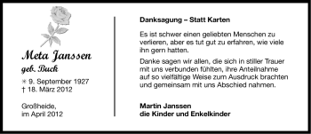 Traueranzeige von Meta Janssen von Ostfriesischer Kurier
