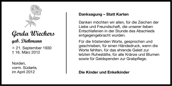 Traueranzeige von Gerda Wiechers von Ostfriesischer Kurier