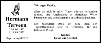 Traueranzeige von Hermann Terveen von Ostfriesischer Kurier