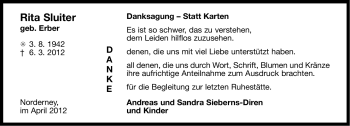 Traueranzeige von Rita Sluiter von Ostfriesischer Kurier
