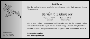 Traueranzeige von Bernhard Eschweiler von Ostfriesischer Kurier