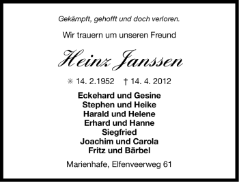 Traueranzeige von Heinz Janssen von Ostfriesischer Kurier