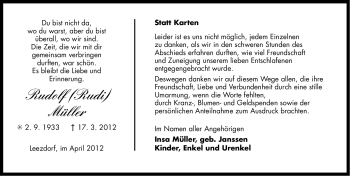 Traueranzeige von Rudolf Müller von Ostfriesischer Kurier