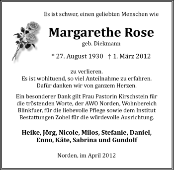 Traueranzeige von Margarethe Rose von Ostfriesischer Kurier