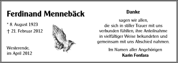 Traueranzeige von Ferdinand Mennebäck von Ostfriesischer Kurier