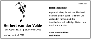 Traueranzeige von Herbert van der Velde von Ostfriesischer Kurier