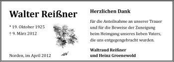 Traueranzeige von Walter ReiÃ?ner von Ostfriesischer Kurier