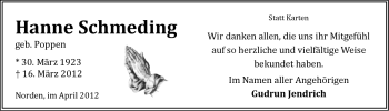 Traueranzeige von Johanne Schmeding von Ostfriesischer Kurier