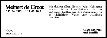 Traueranzeige von Meinert de Groot von Ostfriesischer Kurier