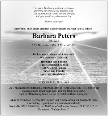 Traueranzeige von Barbara Peters von Ostfriesischer Kurier