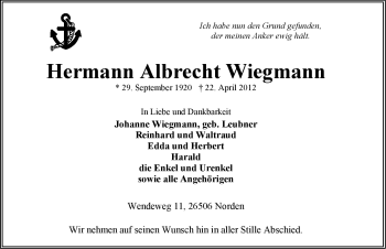 Traueranzeige von Hermann Albrecht Wiegmann von Ostfriesischer Kurier