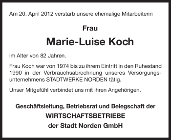 Traueranzeige von Marie-Luise Koch von Ostfriesischer Kurier